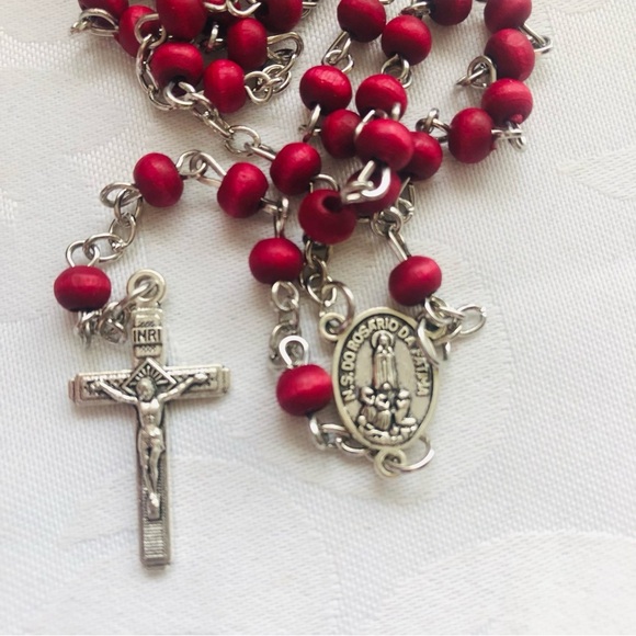Fatima Rose Scented Red Wood Rosary Necklace in Our Lady of Guadeloupe Glass Jar - Picture 1 of 13